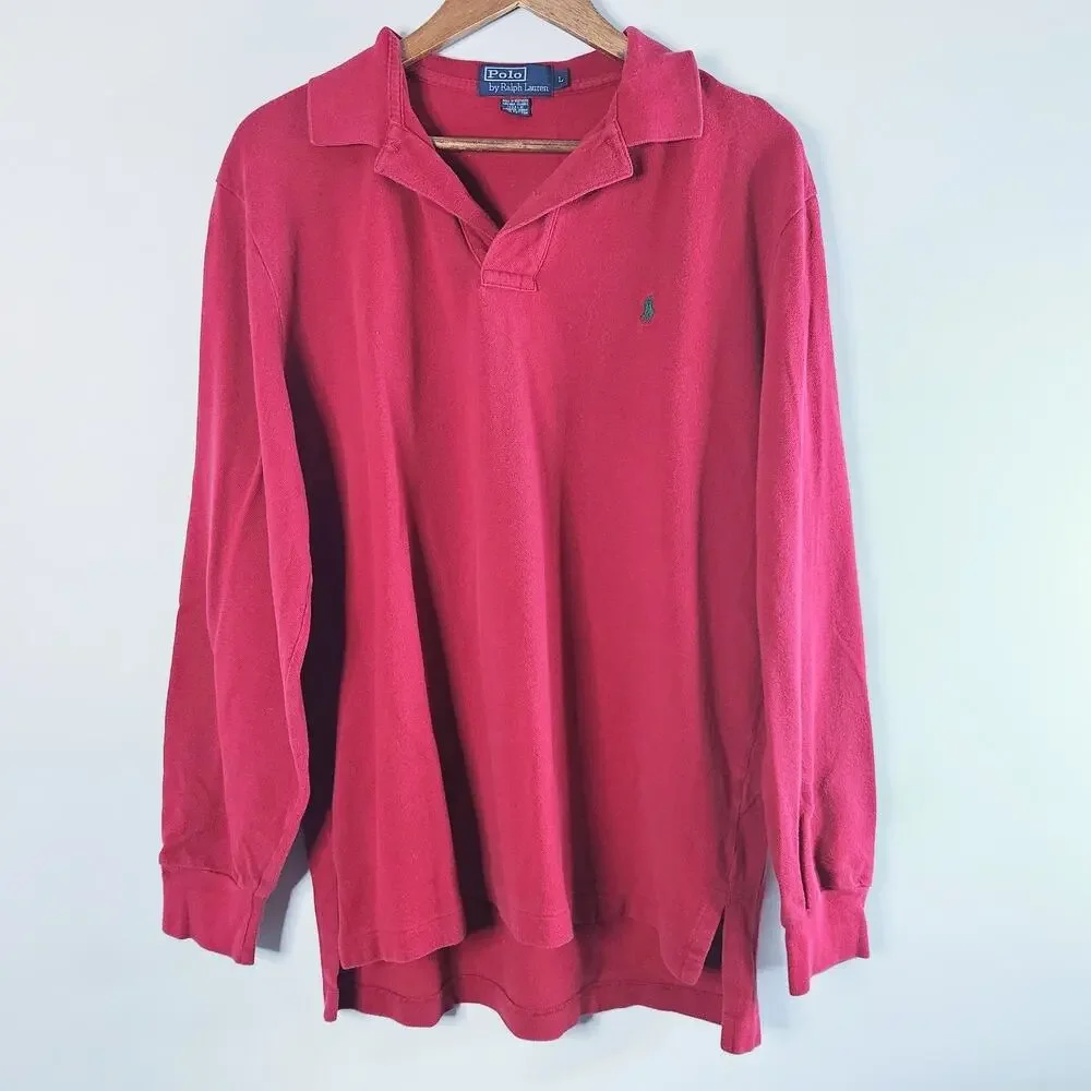 Polo By Ralph Lauren Mens Red Long Sleeve Casual Polo Shirt Size Large Preppy
